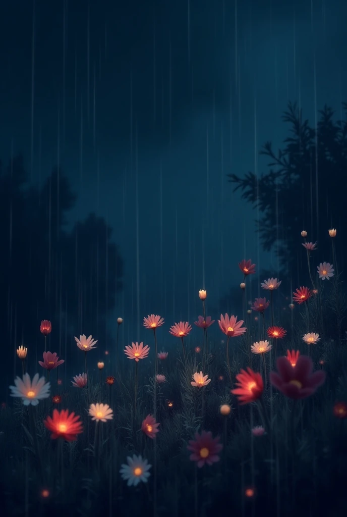 Good Night in text on top right corner, its raining bit, night is bit colder, filled with night flowers 