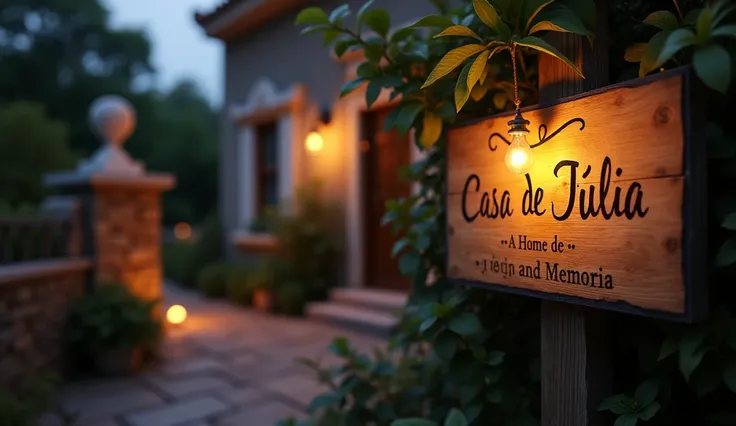 realistic image, 4K, " The sign at the entrance of the new house with the inscription Casa de Júlia — A Home of Hope and Memoria, in simple letters ,  illuminated by the soft glow of a candle ."