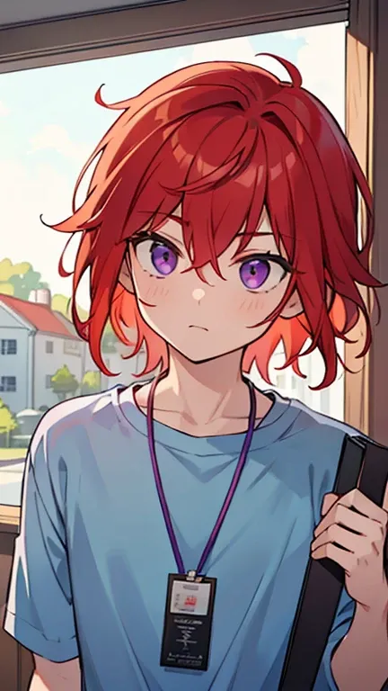 (( A man with red hair and purple eyes)),((Im wearing light blue clothes like a college student)),bangs, Hair between the Eyes 