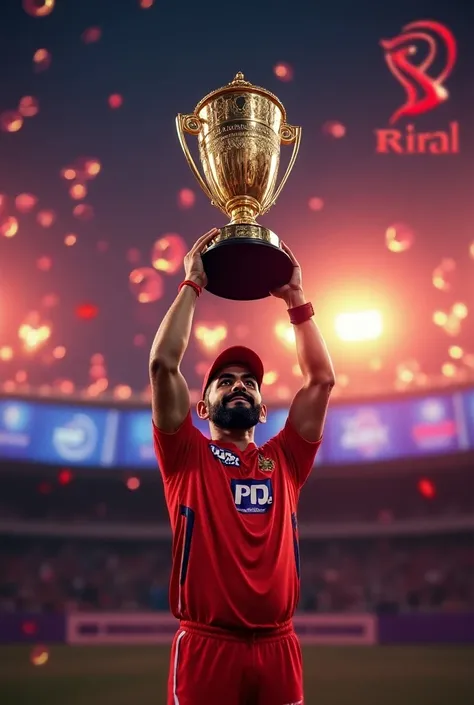 Virat Kohli pick ipl trophy and background with text mission 2025 with rcb Jersey 