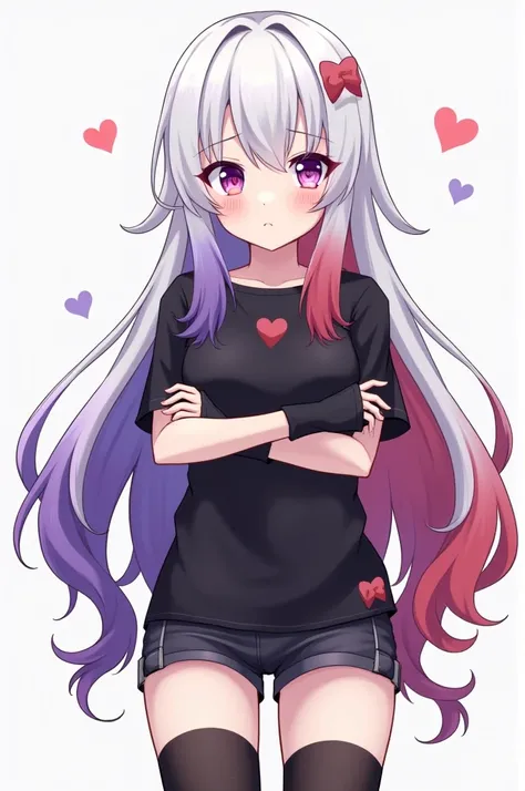   girl four-color hair white , celeste, purple and red long , pale skin,  three hearts on the cheeks ,  left eye light pink and right eye light purple,black shirt,  short shorts attached to her body , fingerless gloves up to the elbows ,black thigh highs, ...