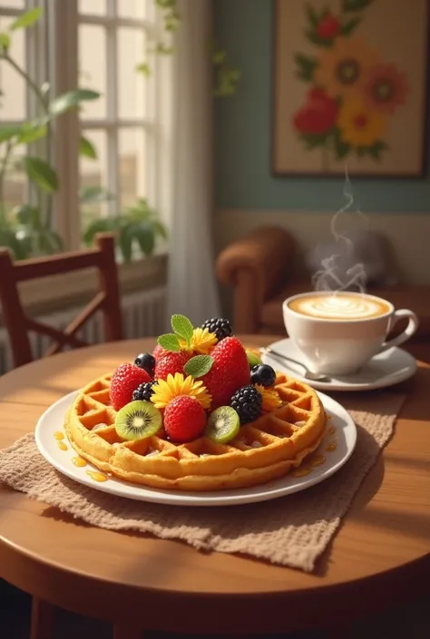  An image of a waffle with fruit, and a cappuccino coffee , In the background of the image on the wall a vintage design