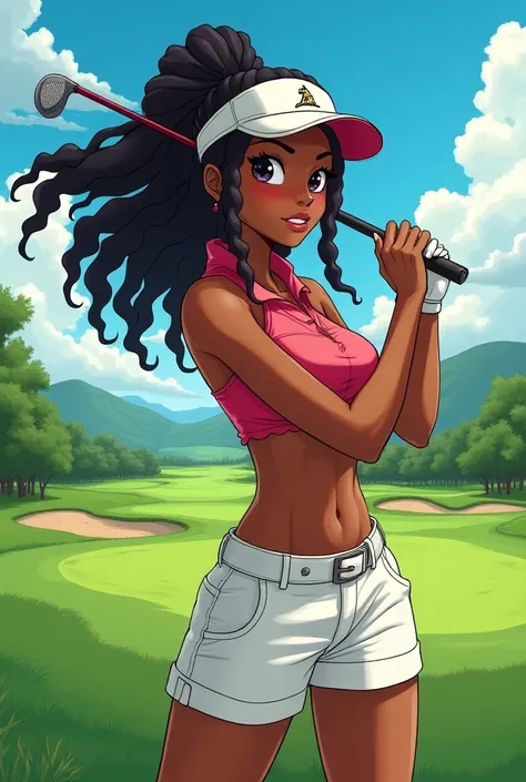 Anime style African girl with dreads holding golf club with very large breasts and golf course in the background 