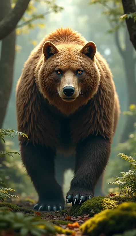 Create a hybrid image of 2 animals between a cat and a bear fused into one, Forest background, realistic image,  Best quality , 4k, 9:16