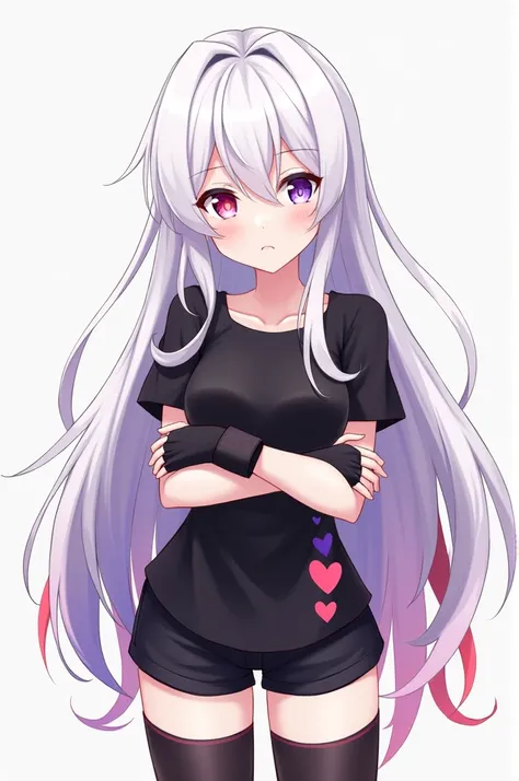   girl four-color hair white , celeste, purple and red long , pale skin,  three hearts on the cheeks ,  left eye light pink and right eye light purple,black shirt,  short shorts attached to her body , fingerless gloves up to the elbows ,black thigh highs, ...