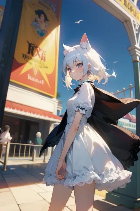 (absurdres), cute girl, upper body, slim body, perfect body, legs out of frame, frilly dress, cat ear, (albino), jacket, (lace dress), amusement park, [strong wind, promenade],  tipsy, [looking away]