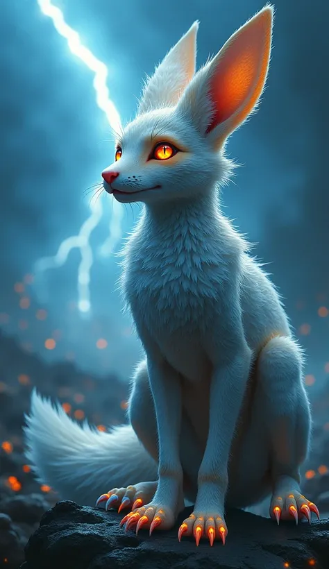 Create a detailed fantasy creature that combines elements of a fierce fox and a majestic Rabbit. This creature should have the sleek, agile body of a fox with glowing orange eyes, sharp claw Rabbit with scales blending seamlessly into its plumage. The crea...