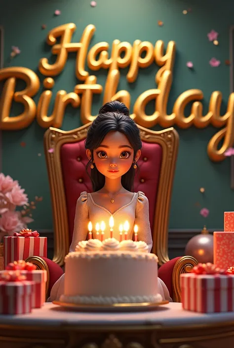 create realistic illusion image of A 18 year old girl is sitting on a king chair and she is cutting the birthday cake, there are many gifts kept next to it and Happy Birthday Neh, 3d text is written on the back wall"