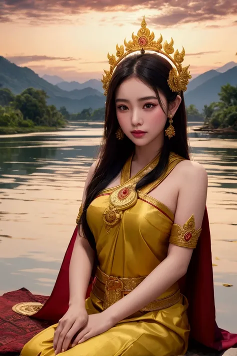 photograph woman in a thai dress, thailand art, traditional beauty, traditional photography, godesses, serene, cinematic photograph concept art, artist unknown, by Rudy Siswanto, seated in royal ease, coronation, by the river in Loy Krathong festival, a lo...