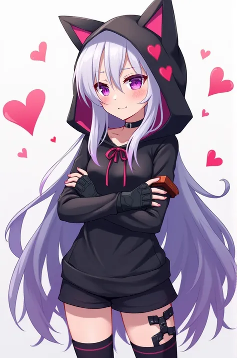   girl four-color hair white , celeste, purple and red long , pale skin,  three hearts on the cheeks ,  machine gun left eye light pink and right eye light purple,black shirt,  short shorts attached to her body , fingerless gloves up to the elbows ,black t...