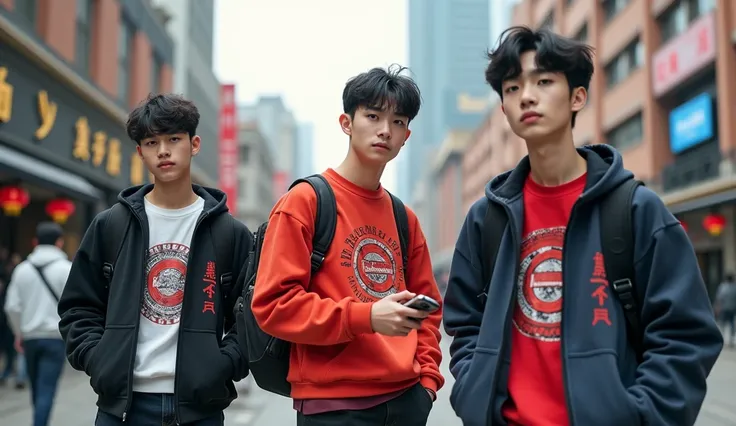 Young Chinese men wear trendy sweatshirts