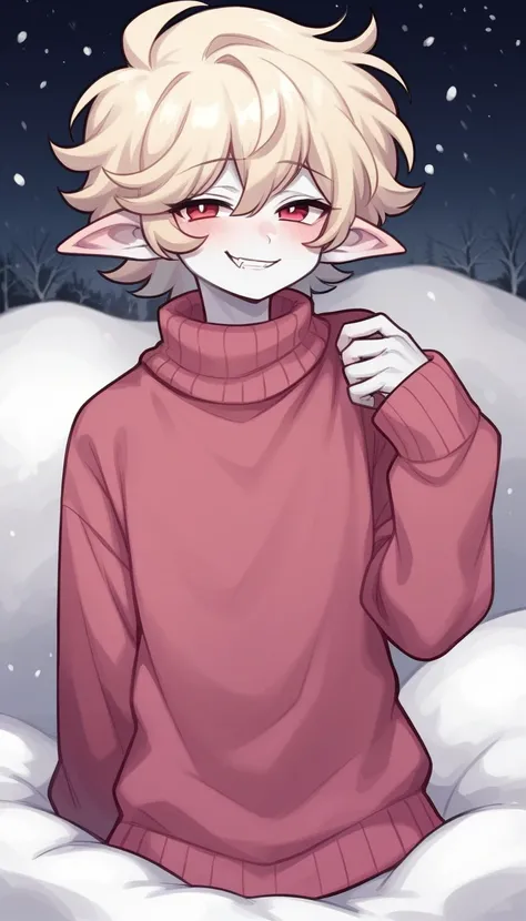   best quality ,  very detailed illustration, (Vampire boy :1,7), pointed ears ,snow-white skin , disheveled fluffy golden hair,  beckon a playful look, Slim,  perfect body , Simple drawing, Artifyber style, pastel flat colors, Cute,  cartoon , a femboy, s...