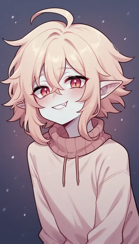   best quality ,  very detailed illustration, (Vampire boy :1,7), pointed ears ,snow-white skin , disheveled fluffy golden hair,  beckon a playful look, Slim,  perfect body , Simple drawing, Artifyber style, pastel flat colors, Cute,  cartoon , a femboy, s...