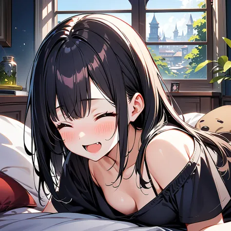 ((32K)), ((Best Quality)), (( ultra high resolution )), (( high definition)), ((超 high definition)), (( VERY DETAILED CG )), ((unity 32K wallpaper)), (masterpiece, Best Quality:1.2),  1 girl, beautiful dark eyes :1.1、closed eyes、smile、blush , open your mou...