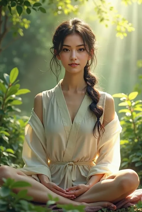 (best quality,highres:1.2),ultra-detailed,realistic full body sitting position,beautiful japanese woman meditating in a serene garden surrounded by lush greenery and soft sunlight,calming atmosphere,warm natural lighting,tranquil expression,peaceful mood,t...