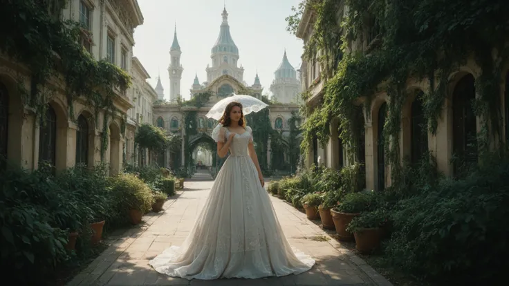 Two beautiful girls in a sheer lingerie    stroll gracefully through an enchanting Victorian garden. The wrought-iron arches and lush greenery surround her as soft light filters through the trees. Their dress flows around her, accentuating their curves, wh...