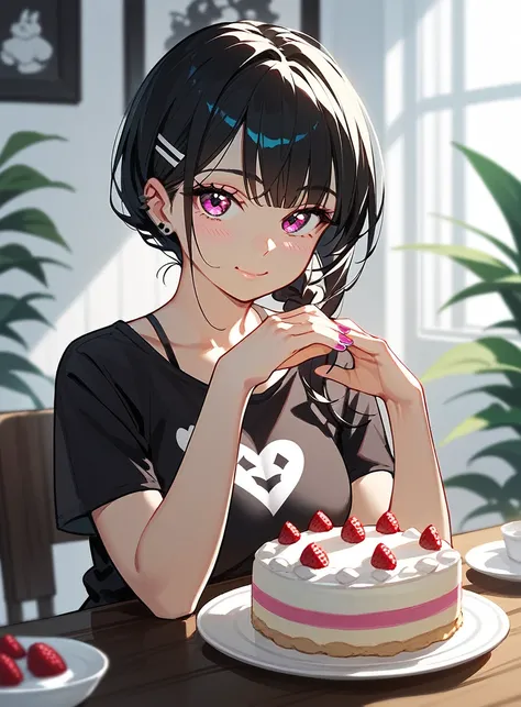 Create a cute girl in mature adult y2k emo darck clothes with a cake in her hands