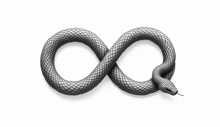 " Black and white illustration of an infinity symbol formed by an ouroboros-style snake.  The snake bites its own tail , forming a symmetrical loop ,  with detailed scales all over its body .  The design symbolizes eternity and the continuous cycle ,  with...