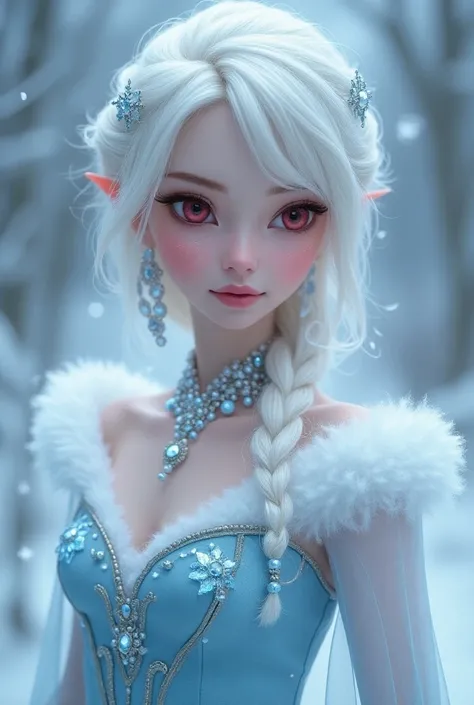 A twenty-year-old princess with white , very short hair,  red eyes ,  hair and white and blue clothes with snowflake details