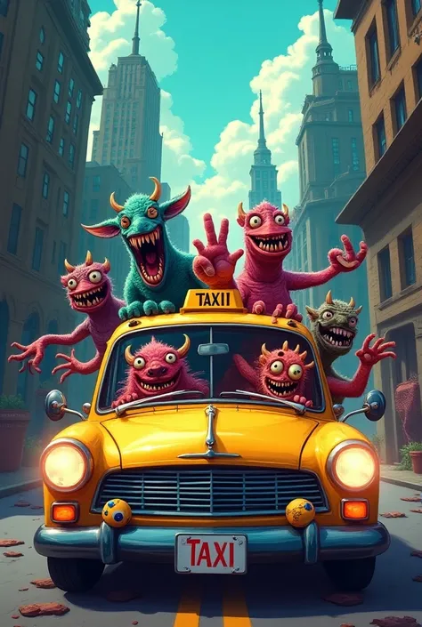 Sullivans drawing of monsters driving a taxi