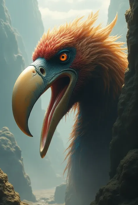 Rare and beautiful giant bird head in front with an open mouth 