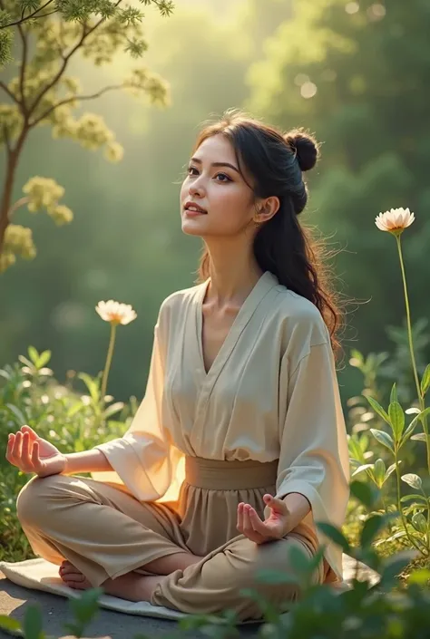 (best quality,highres:1.2),ultra-detailed,realistic full body sitting position,beautiful japanese woman meditating in a serene garden surrounded by lush greenery and soft sunlight,calming atmosphere,warm natural lighting,tranquil expression,peaceful mood,t...