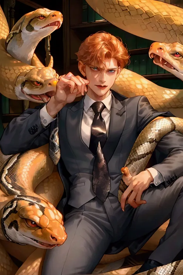 best quality, full body, sexy angle, wild, (1 adult male), he is lying on the snakes, sex, solo, ginger hair, gay, sexy, ((he lo...