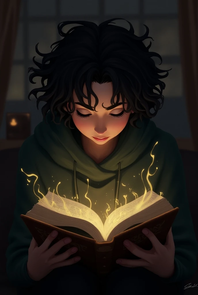 A black curly hair 
 reading a magical s 
book