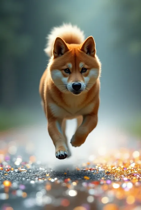 Side view of a realistic Shiba Inu running on a fantastic glittering road