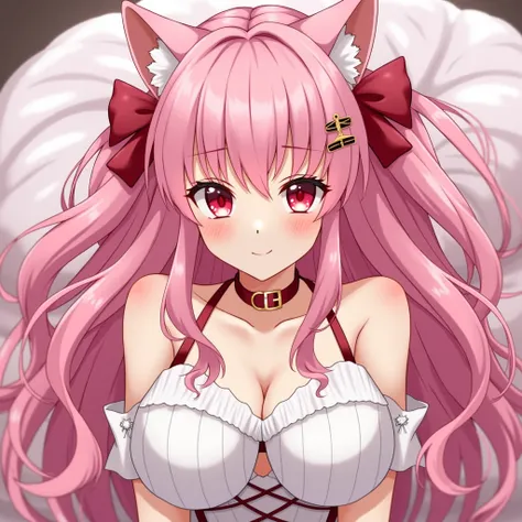 high definition sex, Long hair, Pink hair,  big breasts, Cat ears, Red eyes, Hair Ribbon, 