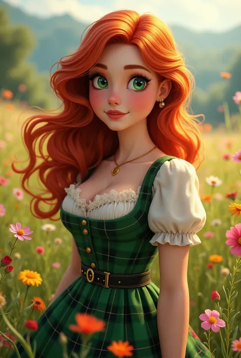 A pretty chubby adult woman with red hair and green eyes on a flowery field wearing a Scottish dress 