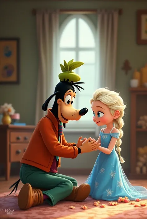 Drawing of Goofy taking care of little Elsa 