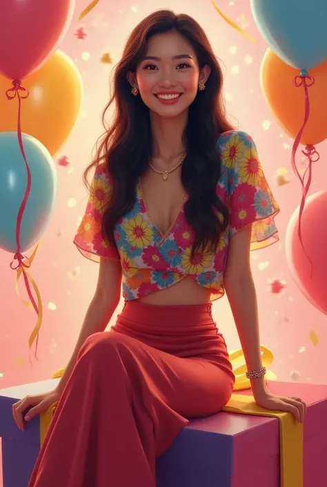 A stunning, international-looking Asian woman with smooth skin, long flowing hair, and a confident smile sits gracefully on a large, brightly wrapped gift box. She’s dressed in vibrant, high-fashion attire, mixing bold patterns and colors, like a modern fa...