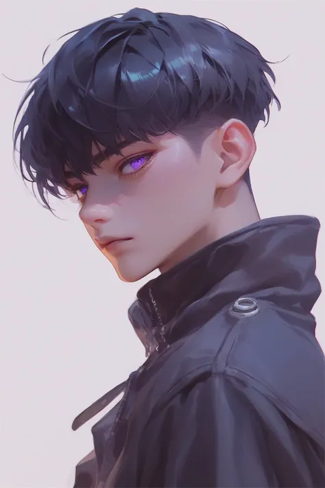 Best Quality,  very detailed, One boy,  Black Shortcut, Purple Eyes,  upper body, 