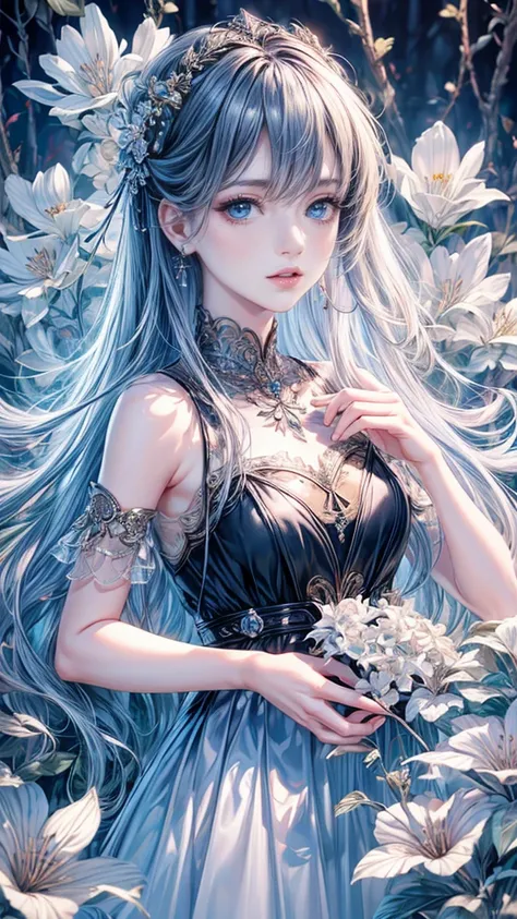 "(best quality,8K,CG),detailed upper body,lonely girl,floral dress,forest background,detailed facial features,elegant black long hair,almond blue eyes,detailed eye makeup,long fluttering eyelashes,blinking eyes,twinkling stars,complex lip details,soft and ...