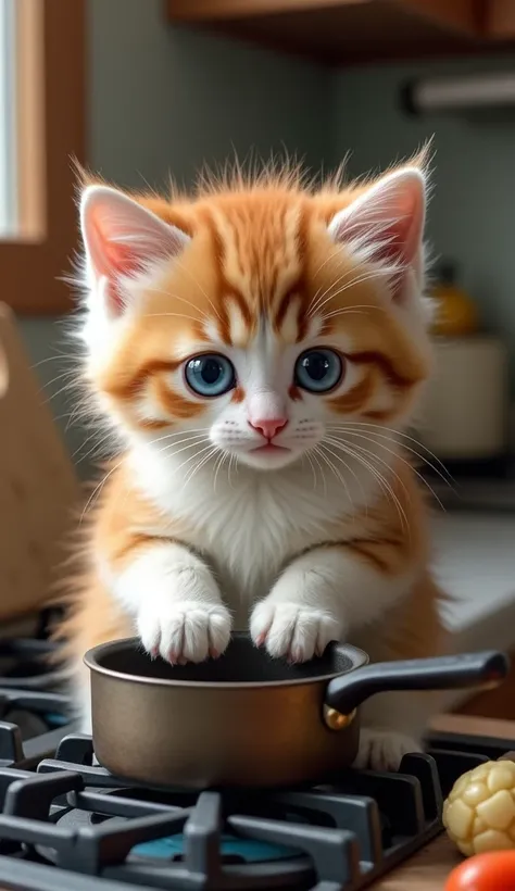  I want a photo of a furry kitten with white and brown hair and blue eyes cooking on the stove, photo with high resolution and high level of detail 