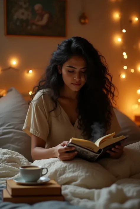 Hello, create an image of me a curly long haired indian girl 25 yo reading my books on my bed with a good cut of coffee, fairy lights and a cosy bedroom. Keep a bunch of books close to me