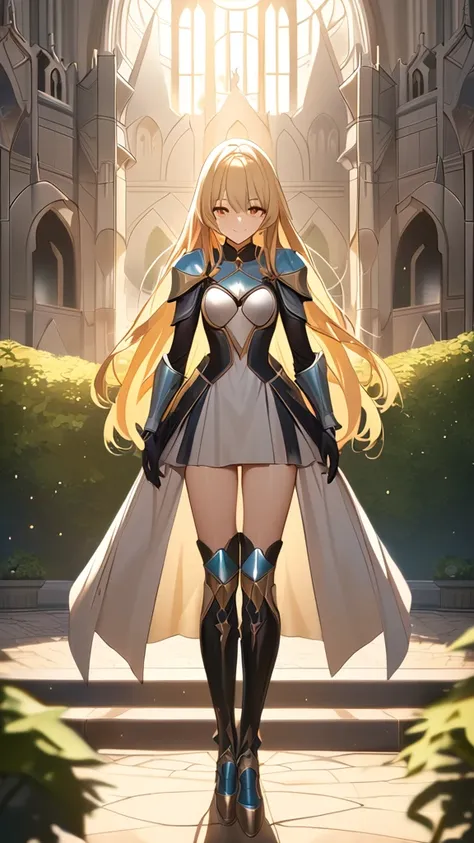 1 girl, ( Elegant Face ), smile,  blonde long hair, hime cut, ( elegant mini dress:1.2), Gold-embellished battle armor,  medium chest, 170 cm tall, thigh boots, Great Sword,  Confident Look 
BREAK , In the rising sun , (Warm Light:1.3),  Dreamy Atmosphere ...