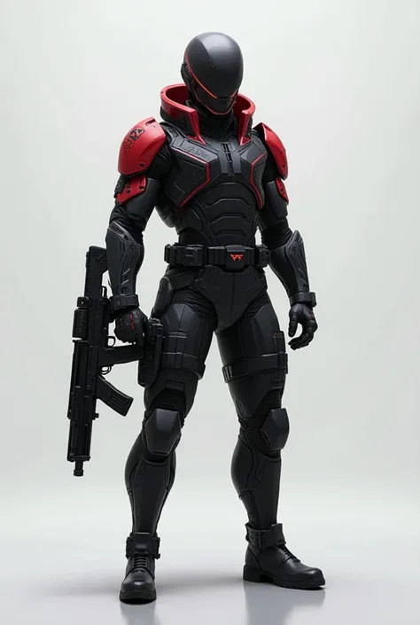 Anime style. A soldier in futuristic light armor in black and dark red. In the hands of a futuristic assault rifle. An empty background.