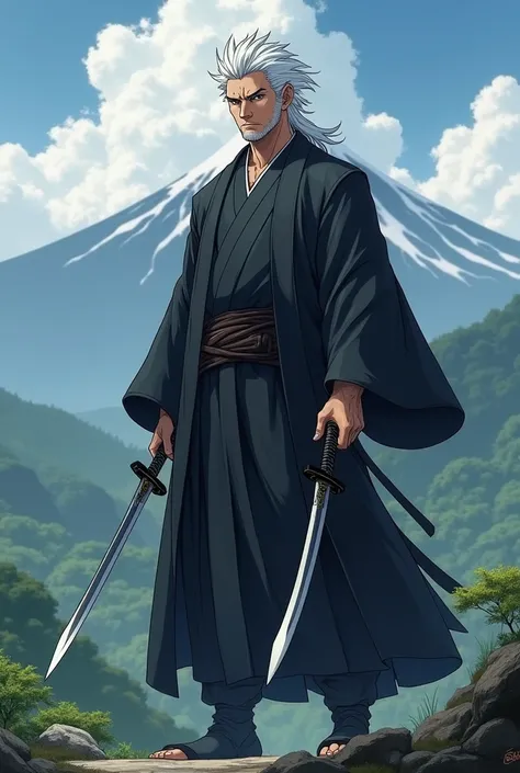 A handsome  old  jujutsu kaisen with white hair and grey eyes holding  black and white katanas 