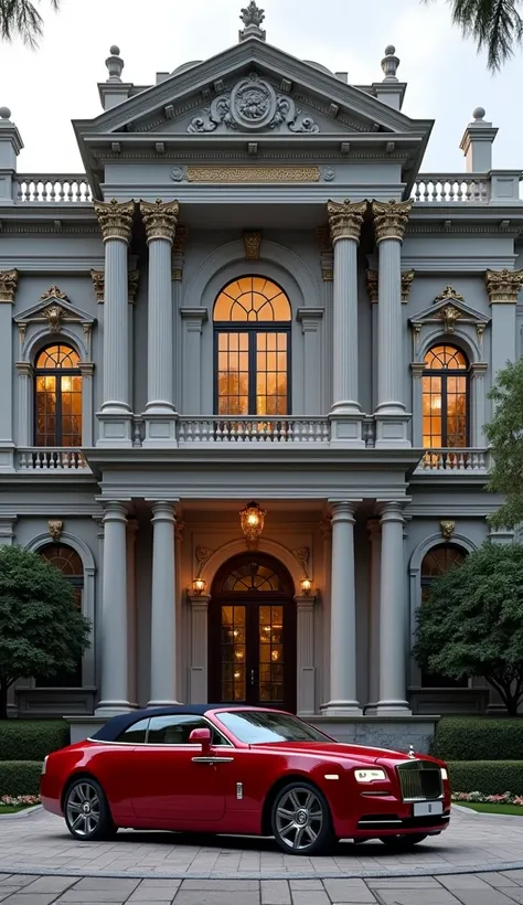 Generate an image of a grand, opulent gray mansion featuring towering columns and arched windows, exuding timeless elegance. The mansions classic architecture is highlighted by intricate moldings and gold-accented details, mirroring its luxurious interior....