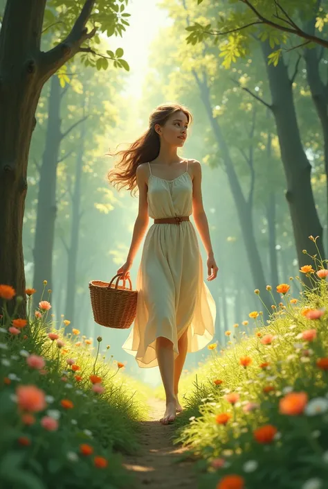 Lily who is a , wearing a simple dress and carrying a basket, walking through a sun-dappled forest, surrounded by towering trees and vibrant wildflowers.