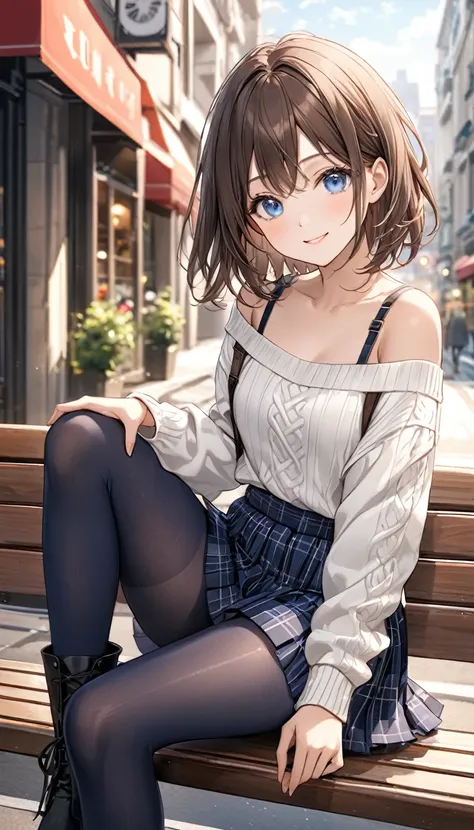 full body、masterpiece, High image quality,  beautiful young woman , Brown Hair、 medium hair,  casual, White (( off shoulder sweater)),  navy blue plaid pleated mini skirt,(navy blue pantyhose ), Black, (knee-high long boots), Small breasts， blue eyes, Smil...