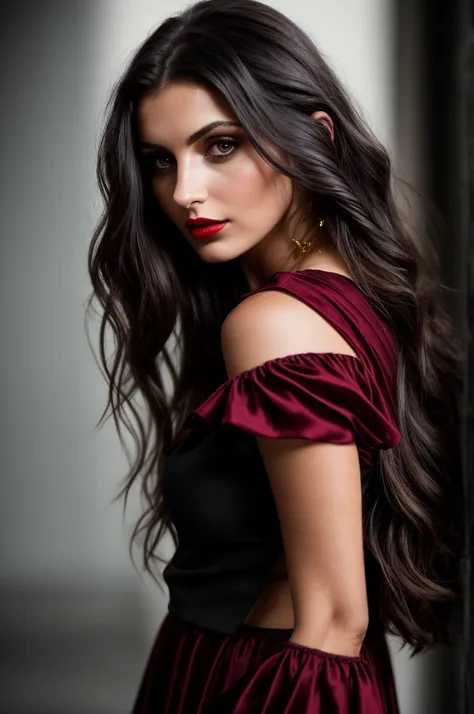 dark and gloomy, 8k, a close-up photo of a brunette woman dark background at night, hair below shoulder, dark brown hair, makeup, red lips, black blouse, gold jewelry, looking straight ahead at the viewer, hyper realistic, {a girl with extremely beautiful ...