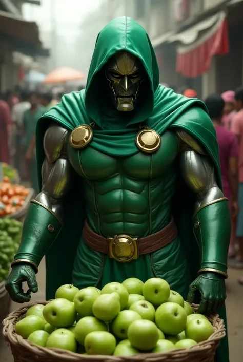 Dr doom, wear green metal suit,with green cape on back and head covered with green hodd wear metal green mask, selling green coloured potatoes in an Indian vegetable market in the hustle and bustle, look sad as no one is buying from him,