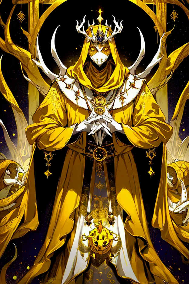 a painting of a man dressed in a yellow robe and a crown, hastur the king in yellow, yellow-robed cultist, king in yellow, a pro...