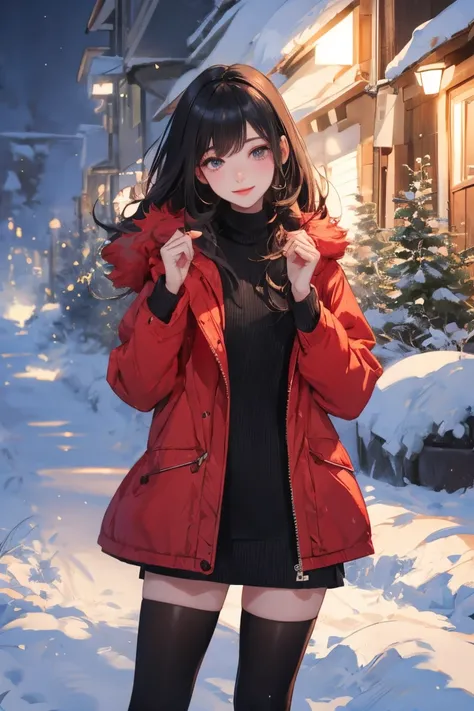 Nezuko Kamado,girl,snow fall, heavy snow fall, night time, winter open zip black colour sweater, black stockings, looking at viwer,hands up, perfect body, perfect anatomy, perfect body, perfect finger, perfect legs,best art,high resolution,8k resolution,8k...