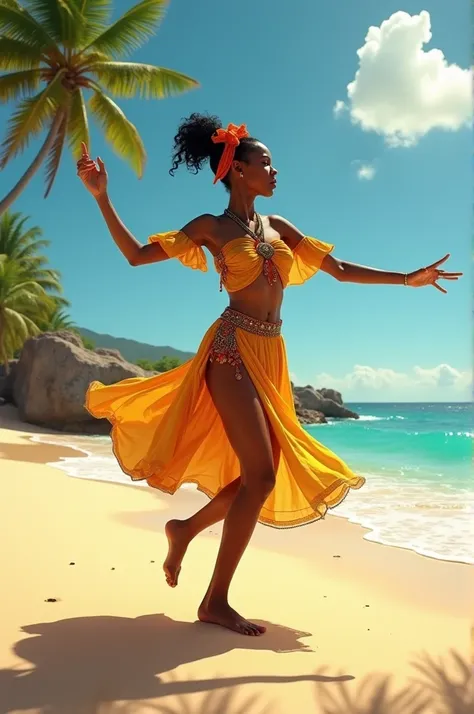 Une danseuse guadeloupéenne de Gwo Ka sur une plage de sable blond 
