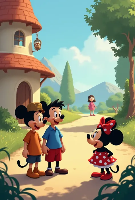 Make an image of three people talking together and a distant isolated person in Disney animation style