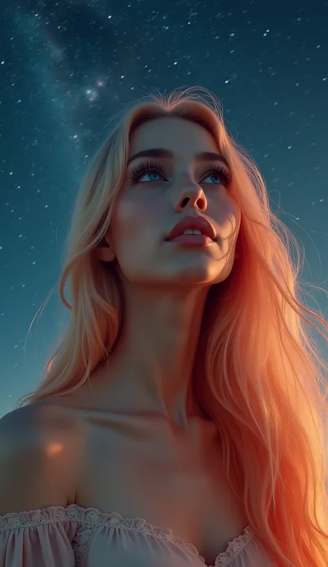 A charming Instagram model with very long peach color hair, cosmic night sky with galaxies in the background, long lashes, surreal iconic beauty, cinematic mysterious atmosphere, very delicate face, contrasts, art beauty photography, spiritual quest